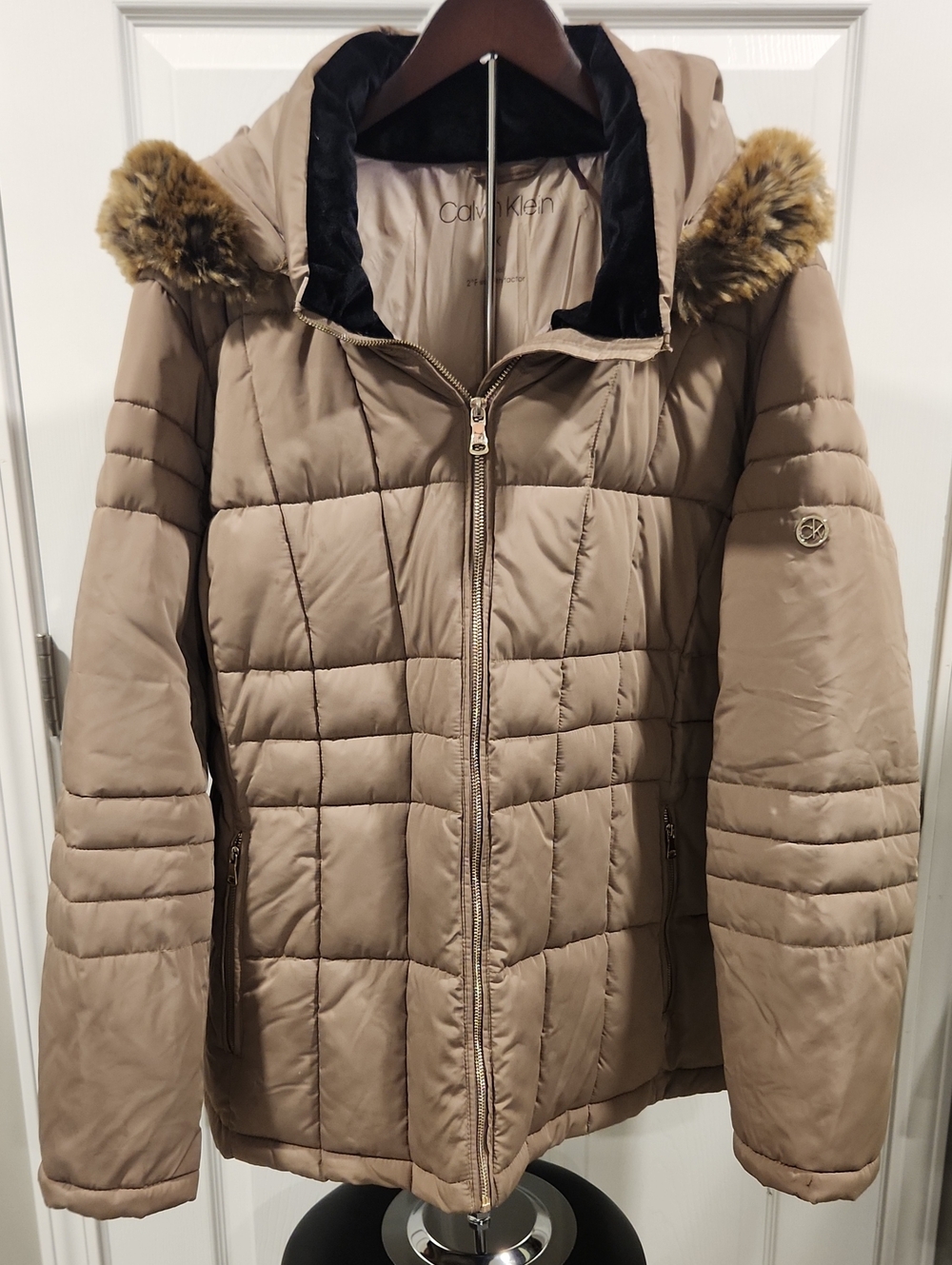 Calvin Klein Beige Quilted Puffer Coat with Faux Fur Hood Trim